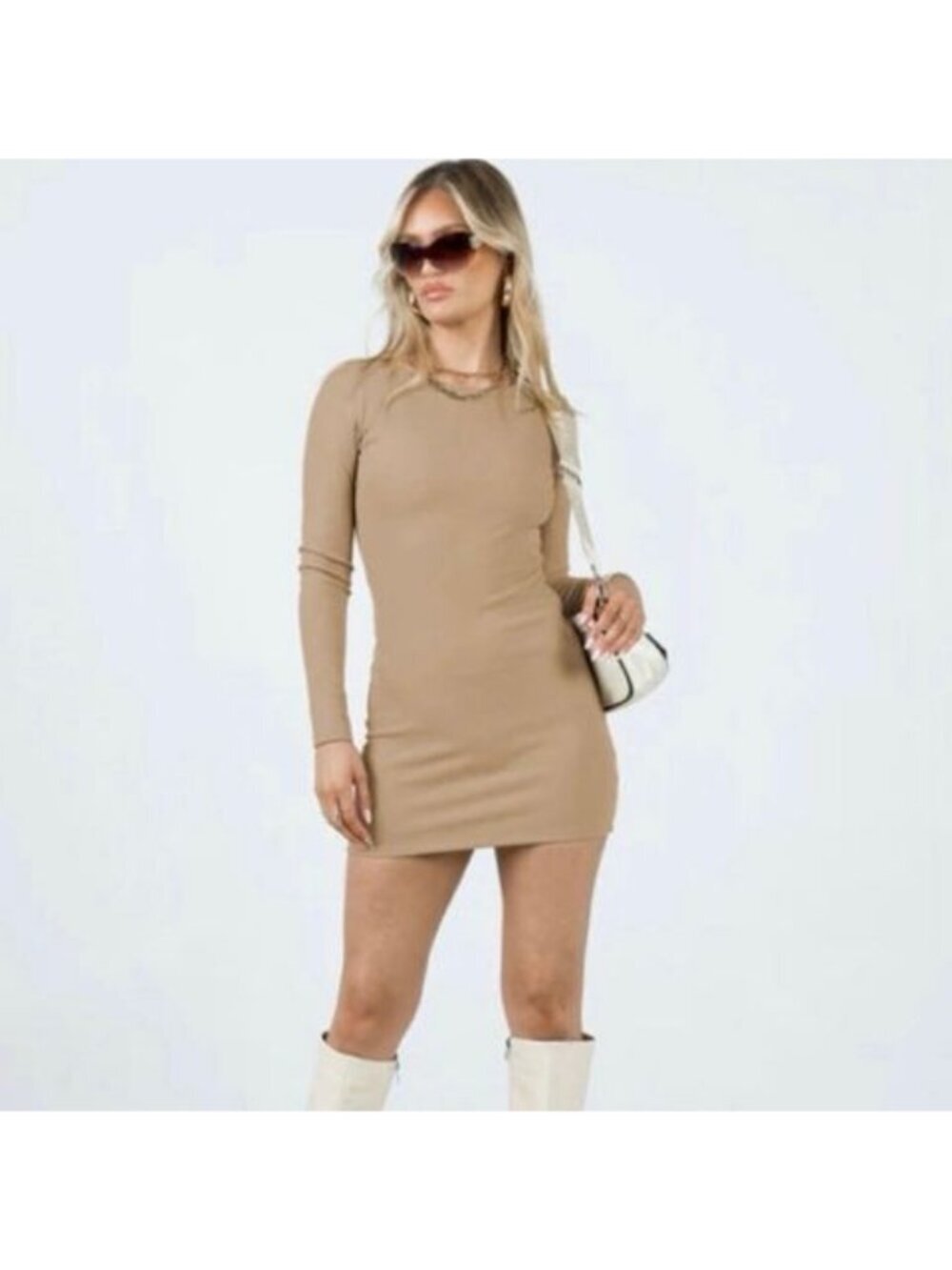 PrettyLittleThing Beige Ribbed Bodycon Mini Dress Long Sleeve Size 4